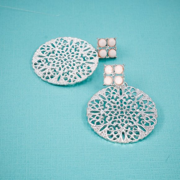 Silver Filigree Vintage Earrings, Large Costume Jewelry Earrings - Picture 4 of 7